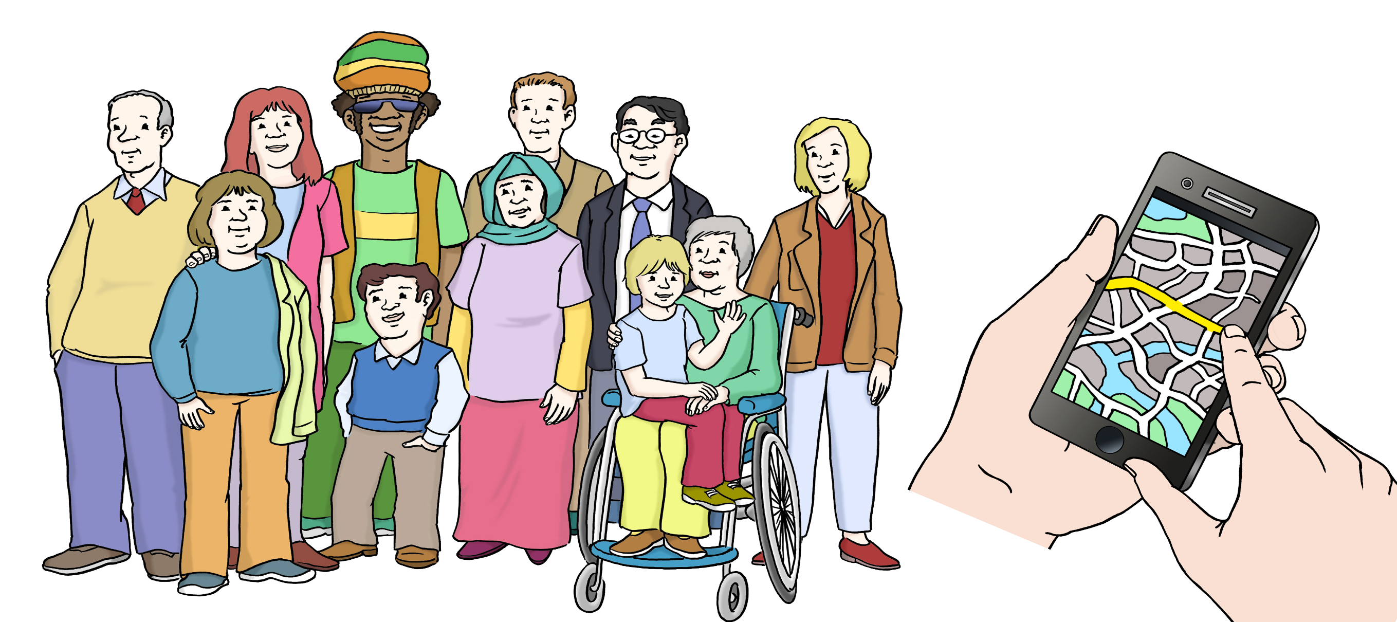 Gruppe von Menschen verschiedenster Herkunft, Alter, Geschlecht , Erscheinungsbild sowie Person im Rollstuhl neben einem Smartphone das eine Karte Zeigt und in Händen gehalten wird