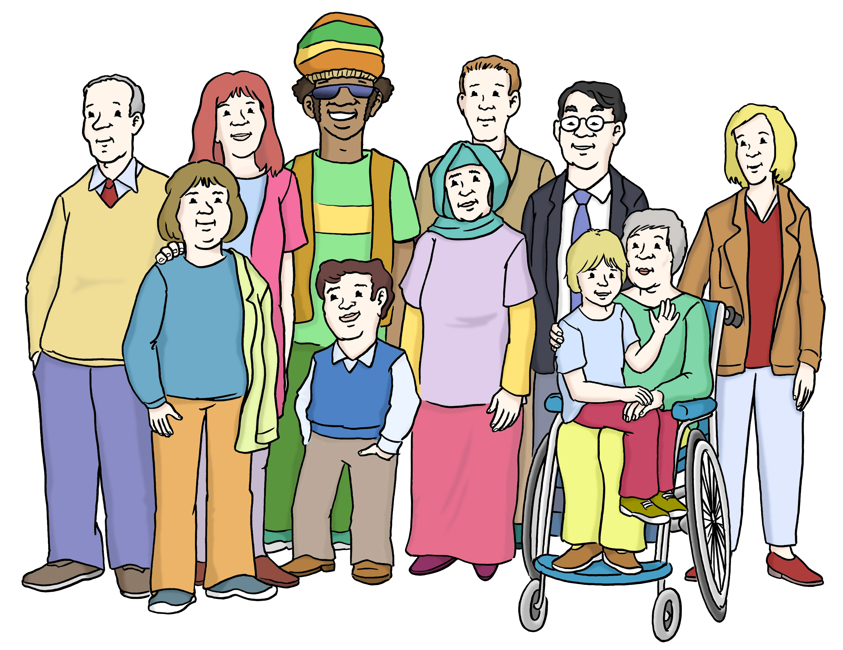 Gruppe von Menschen verschiedenster Herkunft, Alter, Geschlecht , Erscheinungsbild sowie Person im Rollstuhl